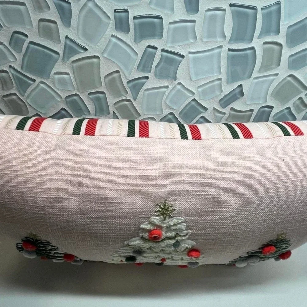Christmas Pillows embroidered pink green tree and blue and wite snowman scene
